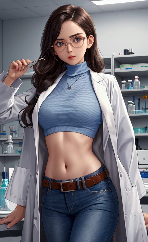 Girl in Laboratory, Turtle-neck, lab coat, showing navel, belt, Exposing the abdomen below the navel, well-dressed, glasses, blue jean, laboratory
