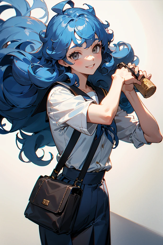blue hair, female, long hair, Perm, curly hair, , gray eyes, Smiling, Pose holding a bag, school background