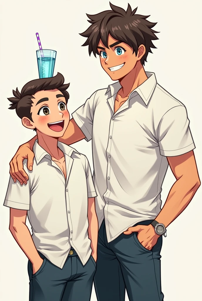 A small two-block haired man in a white shirt with brown eyes holding a glass of water on his shoulder. A taller man with blue eyes in a white shirt is smiling happily.,Painting

