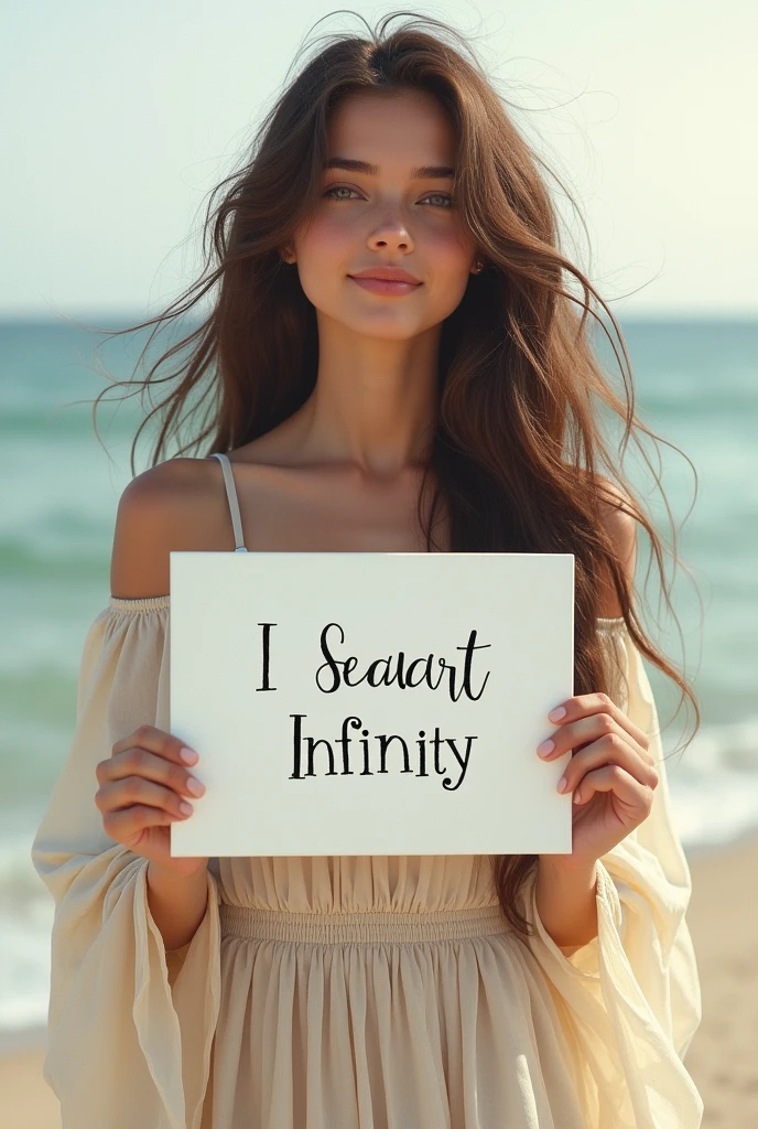 Beautiful girl with wavy long hair, bohemian dress, holding a white board with text "I Love Seaart Infinity" and showing it to the viewer