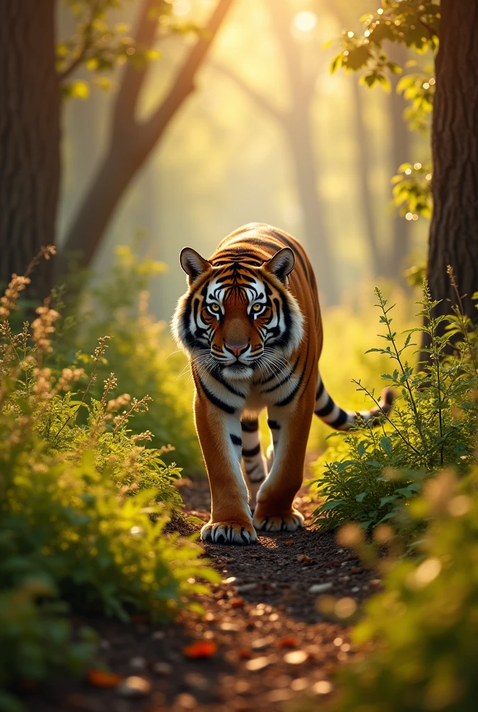 Tiger walk on mid of the forest in the morning sunshine