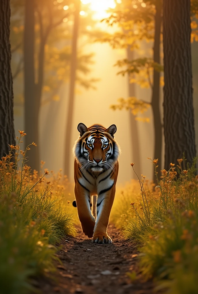 Tiger walk on mid of the forest in the morning sunshine 