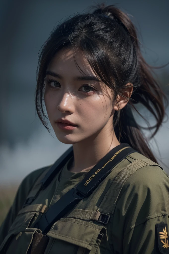 A beautiful female soldier, sniper rifle aimed, in the middle of a field with fire, traumatized, with her uniform moderately torn, highly detailed portrait, cinematic dramatic lighting, intricate details, photoreal, 8K, HDR, chiaroscuro, dramatic atmosphere, muted color palette, gritty texture, dynamic pose, intense expression, volumetric fog, cinematic depth of field