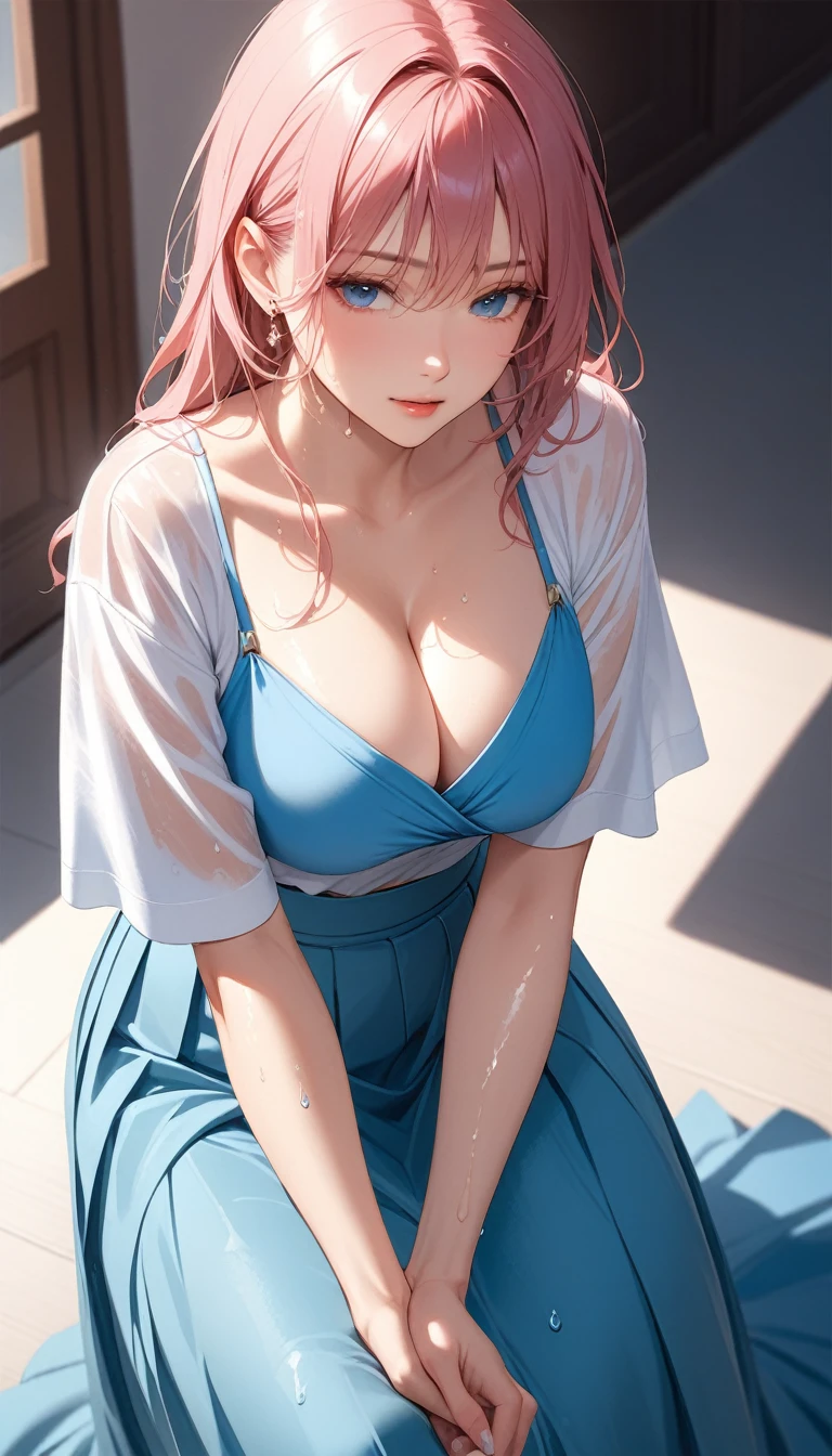 One beautiful woman. Loose-fitting, wet shirt, high-waisted long skirt. Gives someone a top view of her cleavage. A little visible Blue bra.