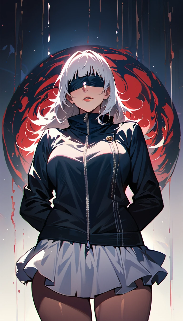 (high quality, 8k, 4K, high contrast, artwork:1.2, high quality, best aesthetics), (centered), ((1 woman)), erotic, sensual, mature body, grown woman, super detailed, beautiful face detailed, detailed beautiful mouth, (female version of Satoru Gojo from Jujutsu Kaisen), (short wavy white hair), (blindfolded), (black blindfold), (black jacket with closed zipper and long sleeves), (short black ruffled skirt), (standing), (straight body posture), (facing viewer), (front angle of woman), (front view), (hands behind back)