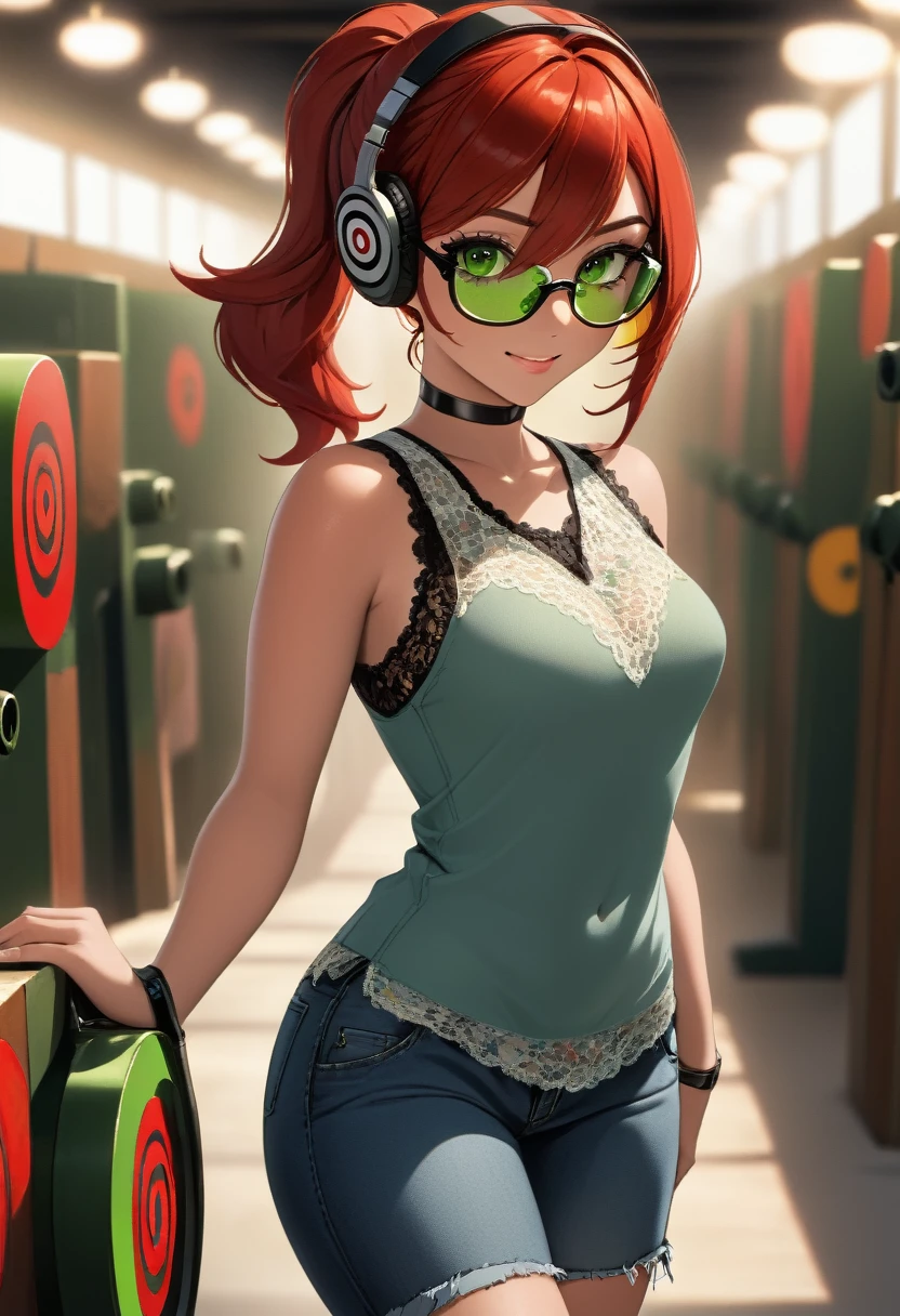((shooting gun)),((target practice, shooting range:1.4)).(sultry eyes, flirty smile:1.2).(ultra realistic illustration:1.3).Sexy 23yo French woman, dyed red hair, green eyes. fit, natural perky breasts, perfect round ass, (suntan). (bangs, long hair:0.8), red lipstick, ponytail, ((safety goggles, headphones)), choker, lace tank top, jeans, high heels. Masterpiece, best quality,(highly detailed:1.2),(detailed face and eyes:1.2), 8k wallpaper, depth of field, natural lighting. core shadows, high contrast, bokeh.(rule of thirds), cinematic, atmospheric, contrast, intricate,