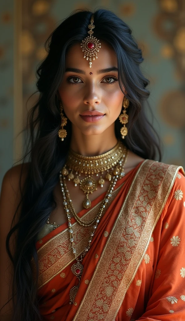 a woman in a sari posing for a picture, indian goddess, traditional beauty, indian, beautiful goddess, ornate , indian style, indian super model, beautiful maiden, gorgeous woman, south east asian with long, provocative indian, gorgeous beautiful woman, intricate outfit, hindu aesthetic, beautiful asian girl, extremely detailed goddess shot, jaw-dropping beauty, big deep cleavage sexy navel