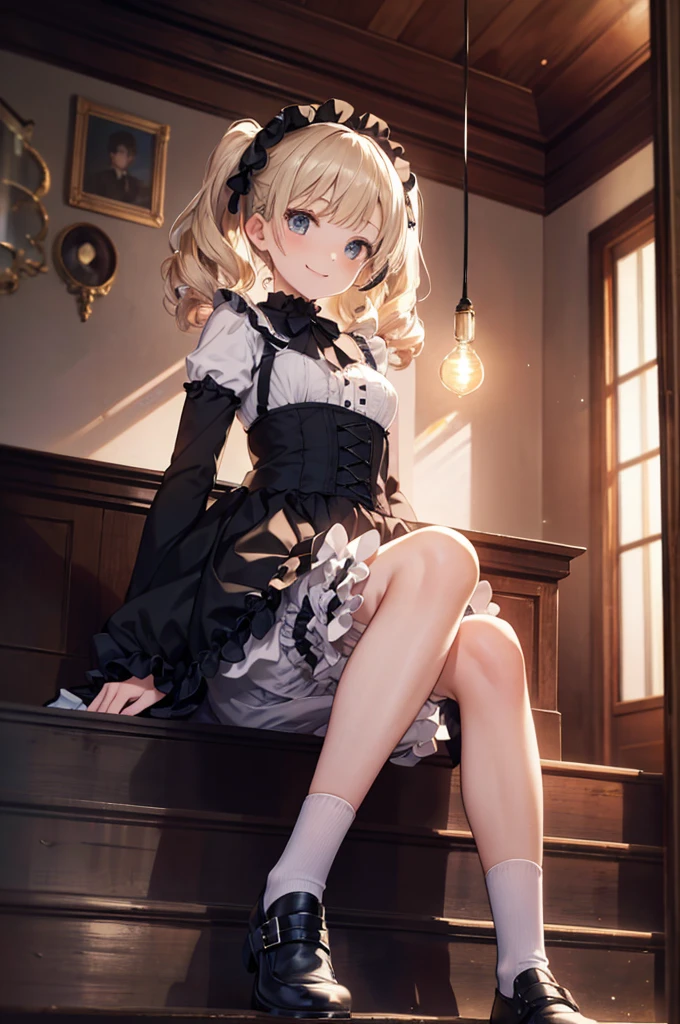 (masterpiece), 4K,young woman,Gothic ta,Small breasts,Small Ass,Curly Twin Tails,Light bulb lighting,Realistic, skinny, Big smile,good,((,Wear bloomers under your skirt)),Sitting on the stairs,((Frilled Skirt)),Angle from below the knee