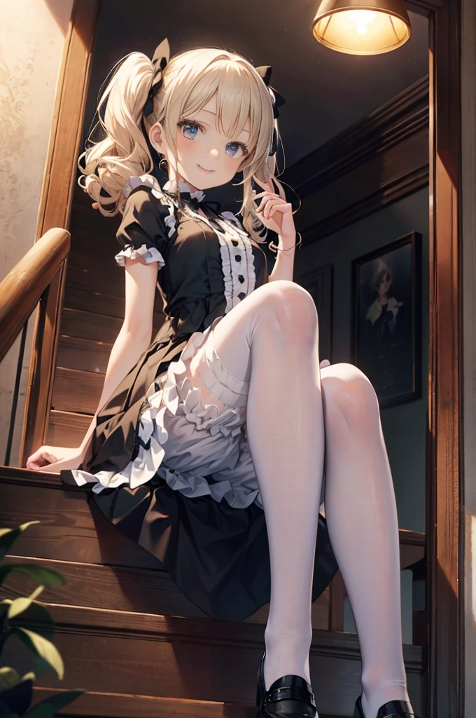 (masterpiece), 4K,young woman,Gothic Lolita,Small breasts,Small Ass,Curly Twin Tails,Light bulb lighting,Realistic, skinny, Big smile,good,((,Wear bloomers under your skirt)),Sitting on the stairs,((Frilled Skirt)),Angle from below the knee