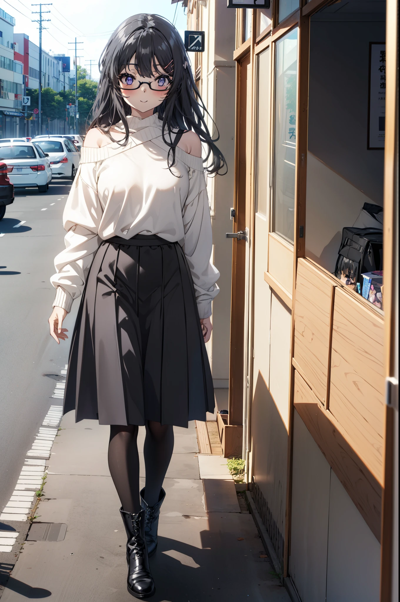 maisakurajima, mai sakurajima, Long Hair, bangs, (Black Hair:1.5), hair ornaments, (Purple eyes:1.1), Hair Clip, rabbit hair ornaments,smile,blush,Glasses,One-shoulder sweater,Long skirt,Black pantyhose,short boots,Daytime,Clear skies,Walking,whole bodyがイラストに入るように,
break indoors, University　corridor,
break looking at viewer, whole body,
break (masterpiece:1.2), Highest quality, High resolution, unity 8k wallpaper, (figure:0.8), (Beautiful attention to detail:1.6), Highly detailed face, Perfect lighting, Highly detailed CG, (Perfect hands, Perfect Anatomy),