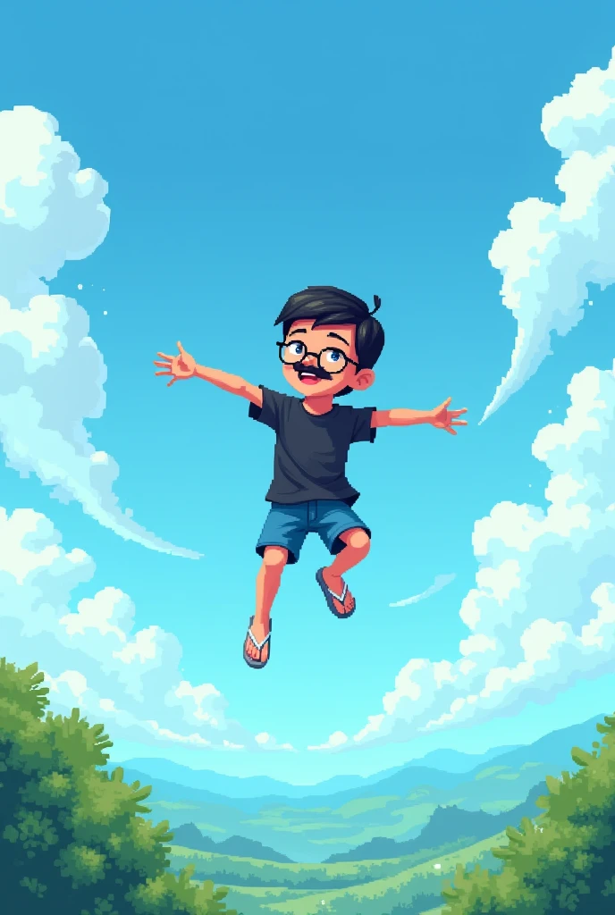 Create a pixel art boy who is flying in the blue sky with clouds and green trees below. This boy has a mustache and short black hair. This boy is wearing a black t-shirt, short blue shorts and white flip-flops and wears glasses.
