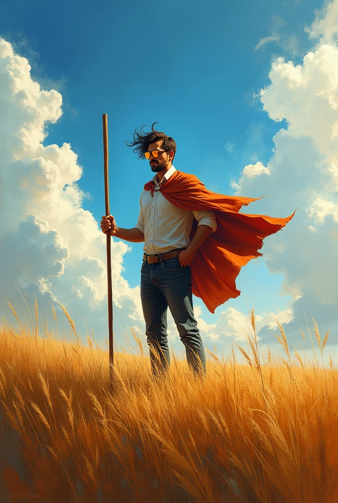 A painting of a man standing in a field with the wind blowing, he has glasses that has glare from the sun and a bo staff and the man is energetic and the mood of the day is exciting yet bold