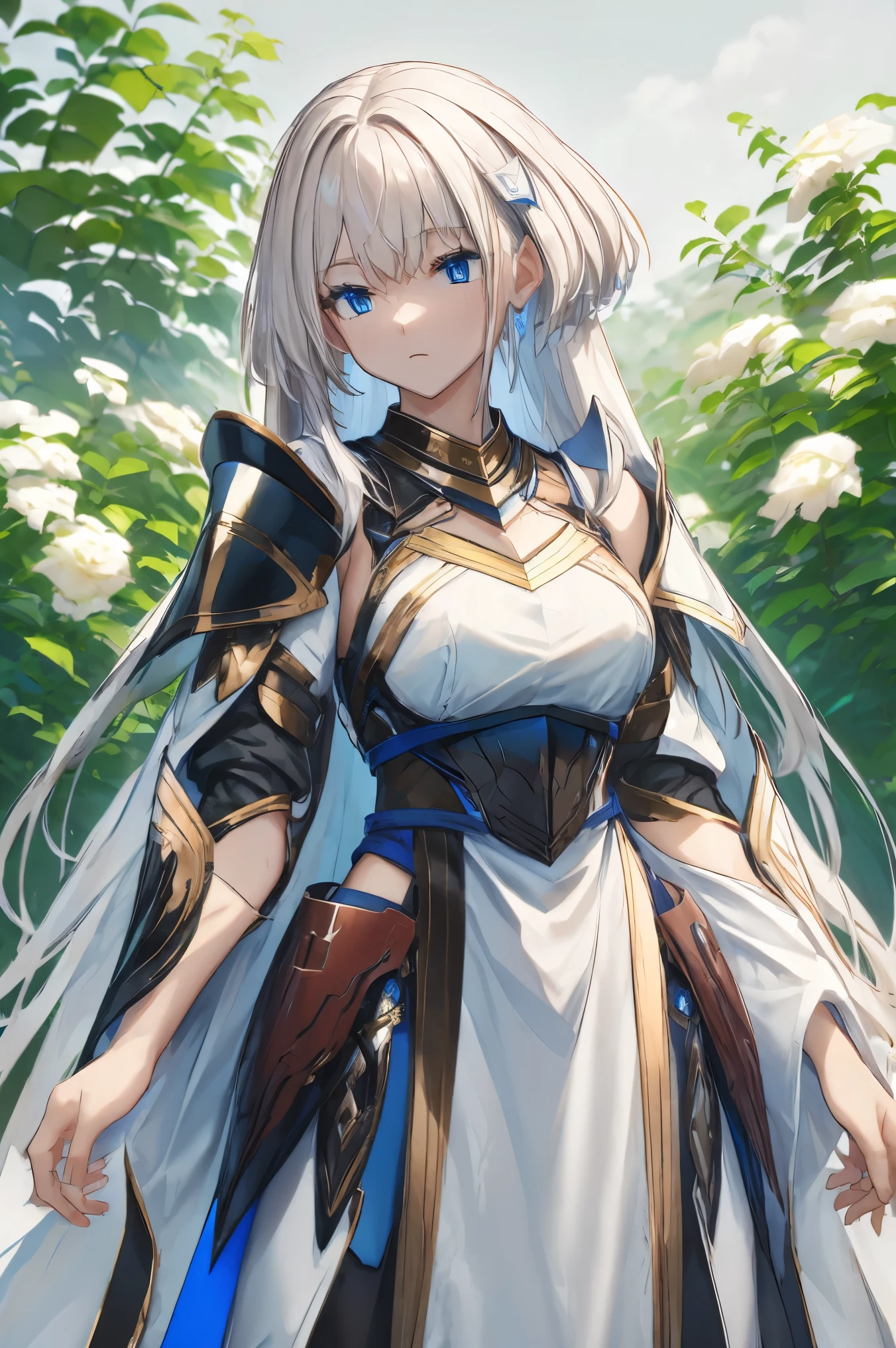 female, hair ornament, white hair, blue eyes, armor, long hair