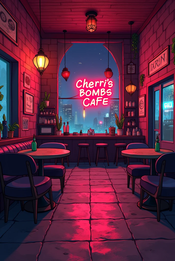 Infernal cozy horror empty café interior at hell, with chairs, tables and a bar coctel bar, cartoon animated in hell city, with a sign that says "Cherri Bomb's Cafe"