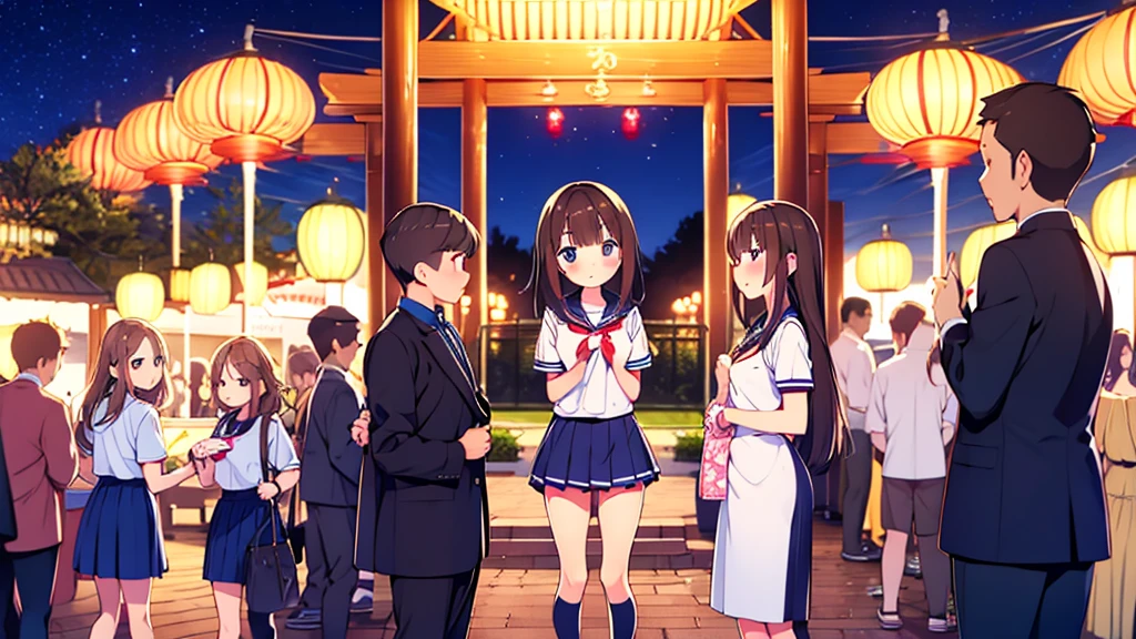 {Of the highest quality], [Super beautiful], [Ultra Fine], [best illustration], NSFW,Brown hair, hime cut, by the width, with bangs, Girl,high school student,uniform,tissue,short sleeve,Skirt,smile, blush, Thin women, adult women,standing posture,(public),night park,summer festival,diagonal, Navy Blue Knee High Socks,black bread