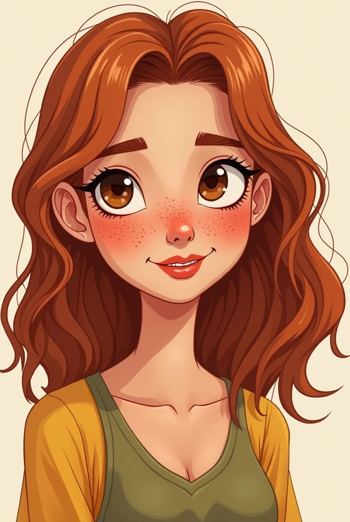 29 year old white Venezuelan girl with short shoulder length copper colored hair and some soft freckles on her nose, thin face brown eyes, small nose, mouth with a marked cupid&#39;s bow but not too much and hair a little between straight and wavy. cartoon image 
