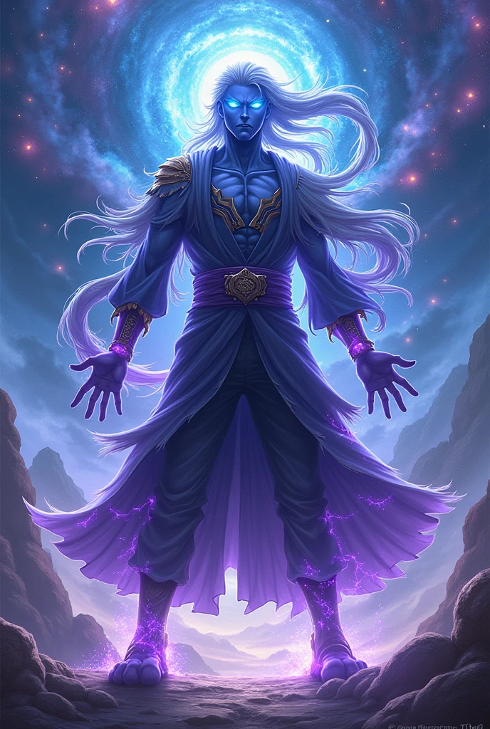 1male, solo focus, standing, furred dragon, silver hair, very long hair, curly hair, moon bluebody, purple eyes, halfbody, wearing moon-themed glittery shawl sleeves and loincloth with silver trim