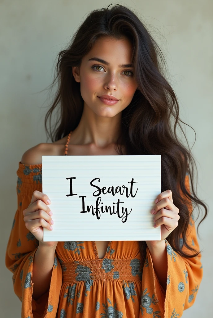 Beautiful girl with wavy long hair, bohemian dress, holding a white board with text "I Love Seaart Infinity" and showing it to the viewer