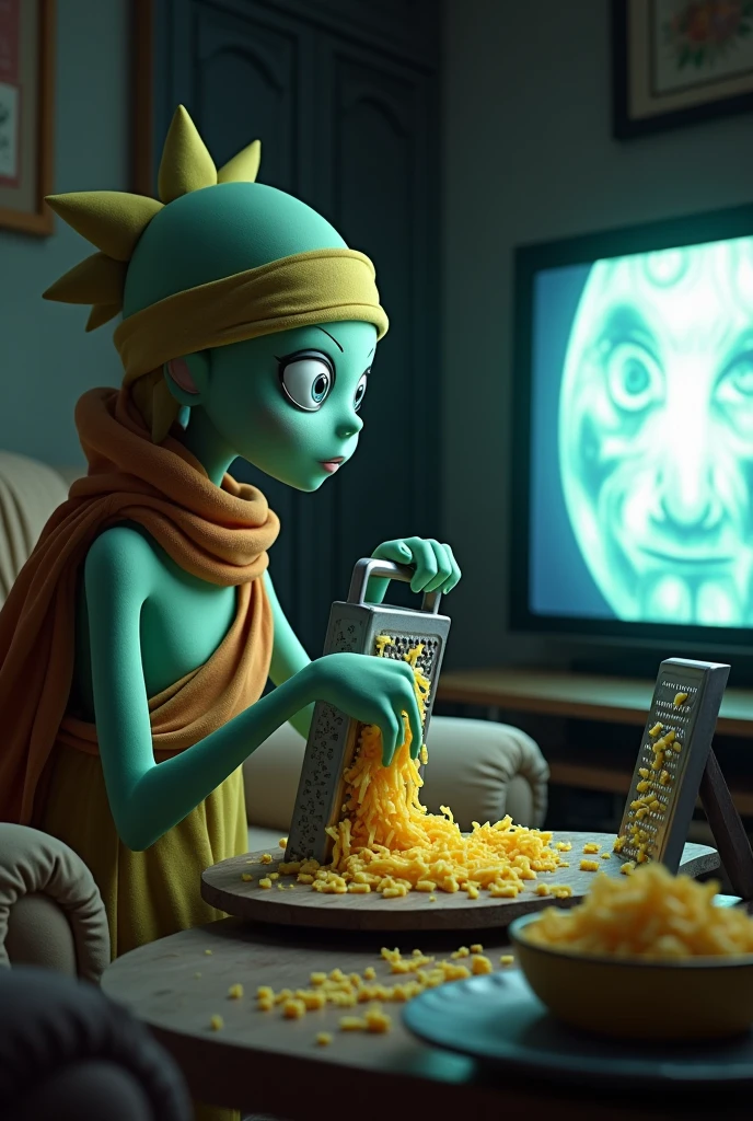 Alien wearing the leaf village bandana, grating cheese with a grater, watching the anime naruto shippuden on television