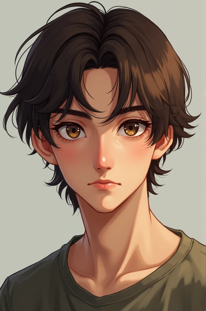 Young man with medium long hair and medium flat brown hair