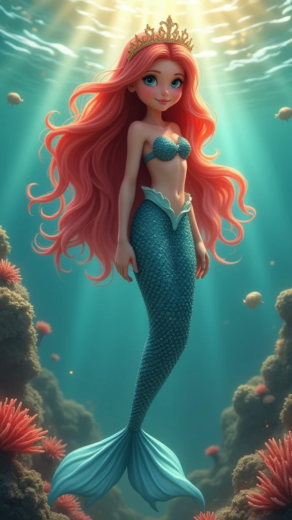 masterpiece, best quality, HD, Delicate texture, Mermaid Princess, Mermaid tail, Mini Crown, Fantasy Art,Long flowing red hair, Sparkling scales, Ocean background, Coral Reef, Sunlight shines through the water, Vibrant colors, Movie Lighting，Looking at the camera