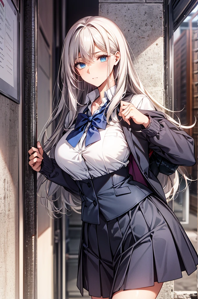 Masterpiece,Highest quality,8k,Ultra-high resolution,appropriate margins,((Cowboy Shot)),BREAK,(1 person),(The most beautiful mature women),Slim body,((Big Breasts)),Moisturized Skin,Fair skin,BREAK,(Silver Hair),Long Hair,Straight Hair,Thin eyebrows,BREAK,Blue eyes,BREAK,Glare,Open your mouth a little,BREAK,((School uniforms,Summer clothes,skirt)),BREAK,Eyes meet,classroom