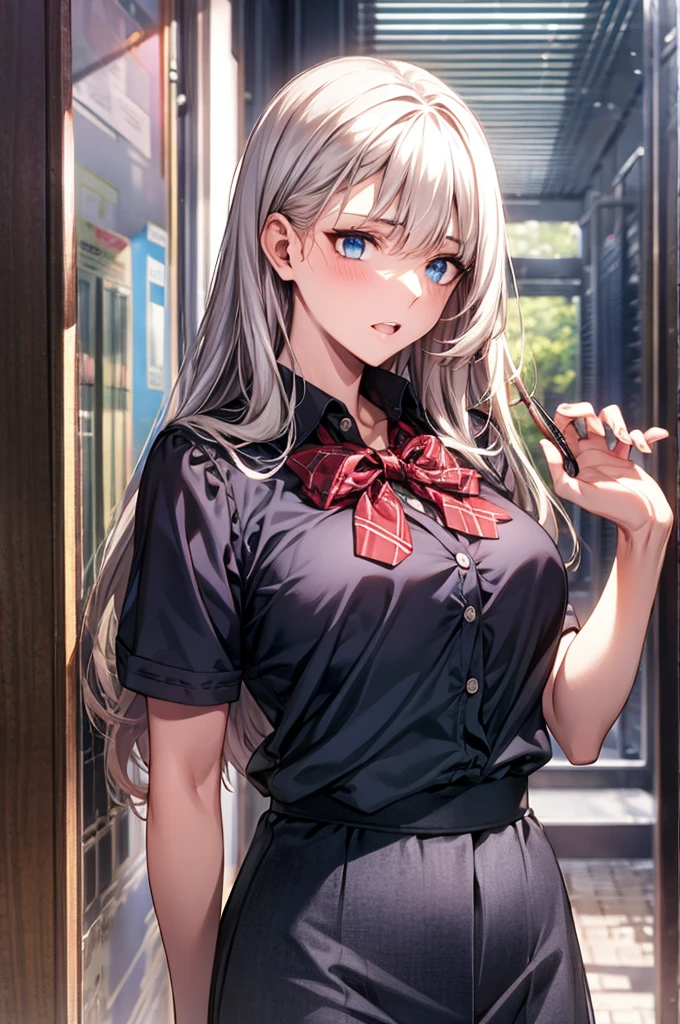Masterpiece,Highest quality,8k,Ultra-high resolution,appropriate margins,((Cowboy Shot)),BREAK,(1 person),(The most beautiful mature women),Slim body,((Big Breasts)),Moisturized Skin,Fair skin,BREAK,(Silver Hair),Long Hair,Straight Hair,Thin eyebrows,BREAK,Blue eyes,BREAK,Glare,Open your mouth a little,BREAK,((School uniforms,Summer clothes,skirt)),BREAK,Eyes meet,classroom