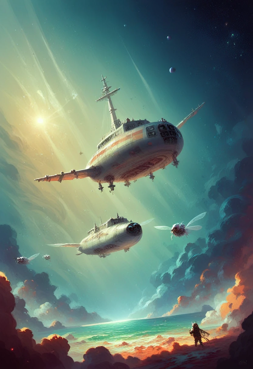 A titanic spaceship, flying through space, In the middle of this a Lovecraftian creature, similar to an insect is outside the ship, in space many bodies, Soldiers and scientists floating in the void