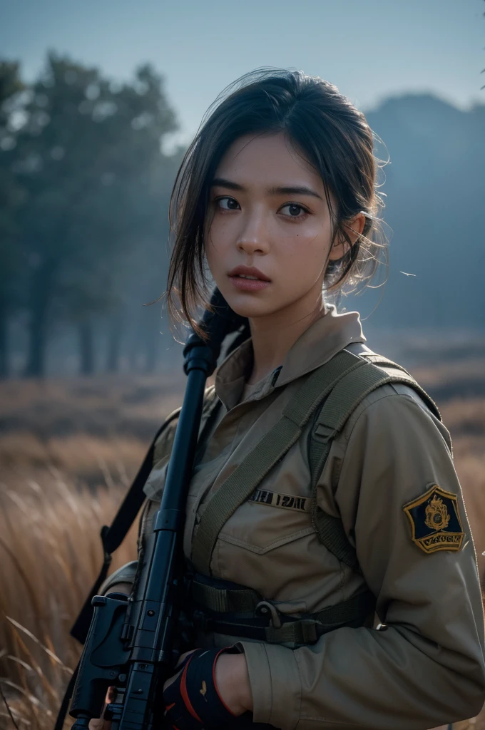 femele,short detailed hair,musculature,Bronzed skin,Field,Dark yellow military uniform,AK47,intercom,Act with a gun,The expression is enchanting