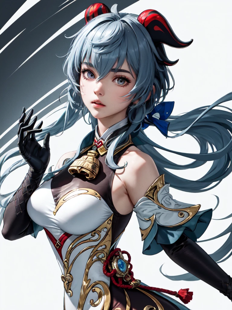 Masterpiece, (Photorealistic:1.5), Beautiful Lighting, Real Life, Ganyu \(Genshin Impact\), 1girl, Ahoge, Architecture, Bangs, Bare Shoulders, Bells, Black Gloves, Black Pantyhose, (Blue Hair), Blushing, Chest, Chinese Knot, Detached Sleeves, East Asian Architecture, Flower Knots, Gloves, Horns, Long Hair, Looking Viewer, Average Breasts, Neckbells, Night, Outdoor, Pantyhose, Purple Eyes , Side Rock, Solo, Tassel, White Sleeves, (ulzzang-6500:0.5) , Complex, High Detail, Sharp Focus, Dramatic, Beautiful Girl , (RAW Photography, 8k uhd, Film Grain), Caustics, Subsurface Scattering, Reflection ,