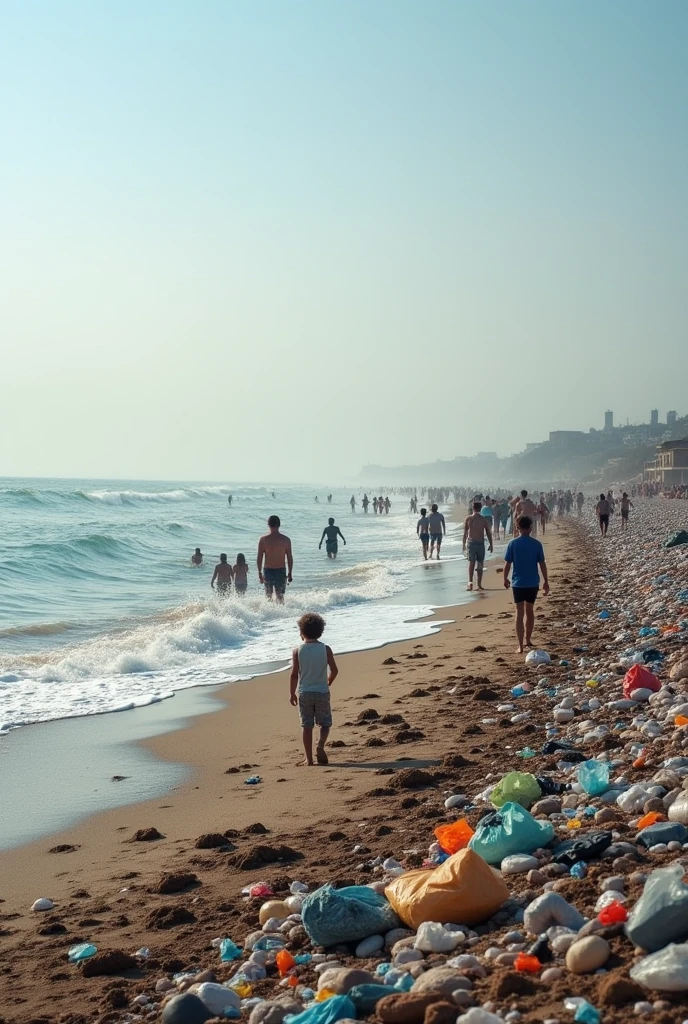 A beach full of people throwing waste into the sea