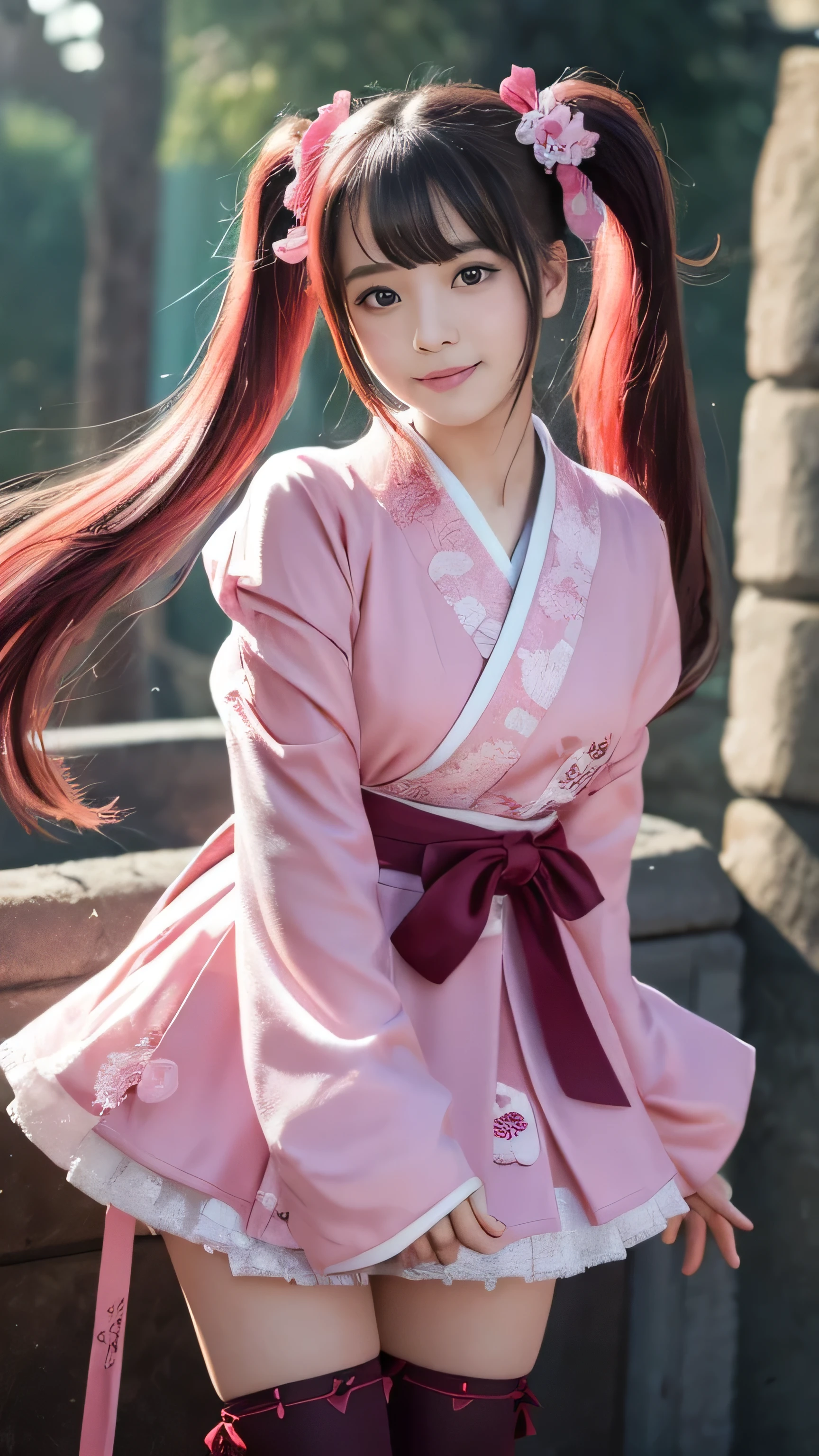 **Prompt:** Create an ultra-realistic depiction of Baal reimagined as the ultimate moe character while retaining key features of the ancient deity. Baal is depicted as an adorable, youthful girl with a slightly mischievous but endearing expression. Her deep crimson skin, characteristic of her mythological origins, is now a soft, rosy hue that adds to her cuteness while maintaining a touch of her powerful heritage. 

Her iconic curved horns are retained, but they are now smaller and adorned with cute ribbons and delicate charms, making them look more playful than menacing. Her eyes are large, round, and sparkling with a warm, golden light, giving her a look of innocence and curiosity. Her long, flowing hair is now a vibrant mix of dark red and pink, styled into twin tails that bounce with her every movement, adding to her lively and charming appearance.

She wears an outfit inspired by a mix of traditional Japanese fashion and modern kawaii culture—a short, frilly dress in shades of pink and red with intricate lace and bow details. The dress features a kimono-style top with wide sleeves and a cute obi sash tied in a large bow at the back. Her boots and gloves are adorned with small, heart-shaped decorations, adding to her overall sweet and lovable aesthetic.

Her weapon, once a fearsome trident, is now a magical staff topped with a cute, glowing heart, symbolizing her power in a way that matches her new, moe persona. The background is a whimsical, pastel-colored landscape with floating hearts and sparkles, emphasizing her transformation into the ultimate cute character while still hinting at her formidable origins. The atmosphere is light, cheerful, and filled with playful energy, capturing the essence of a deity who has embraced her adorable new form.