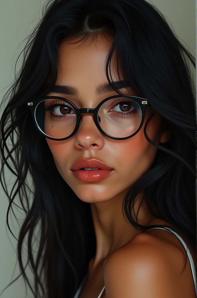 Young woman with dark skin, damaged hair, long and black. semi thin lips, Dark brown almond-shaped eyes, a small mole on the cheek, small, slightly round nose and small, semi-round glasses