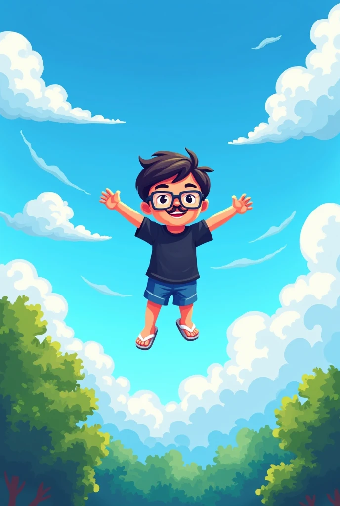 Create a pixel art boy who is flying in the blue sky with clouds and green trees below. This boy has a mustache and short black hair. This boy is wearing a black t-shirt, short blue shorts and white flip-flops and wears glasses, rectangular transparent glasses