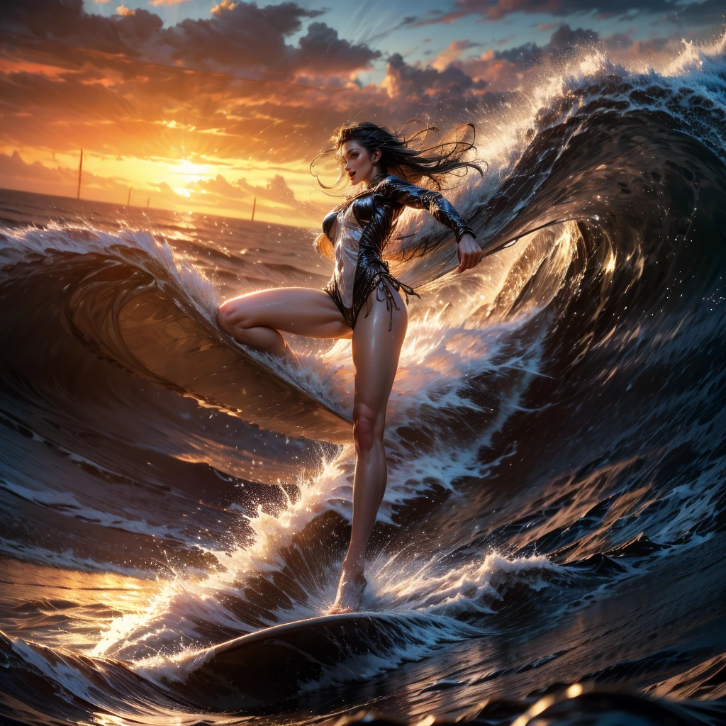 (Luminism:1.28), Side view、(TopQuality 8K Masterpiece:1.2) (ProfessionalPHOTO:1.37) Extremely Detailed (A girl standing on a surfboard riding a wave), (Colorful morning Glory Rays)、(Crouching and balancing on a Life Size surfboard:1.28), (There is Only one surfboard under her feet:1.32) Splashing water Particles Sparkling waves, Glowing Wet Hair、(Super hourglass body type)、Dynamic motion blur, Perfect Hand、(Surfing Photos:1.4) Extreme Sports Photography with action pose