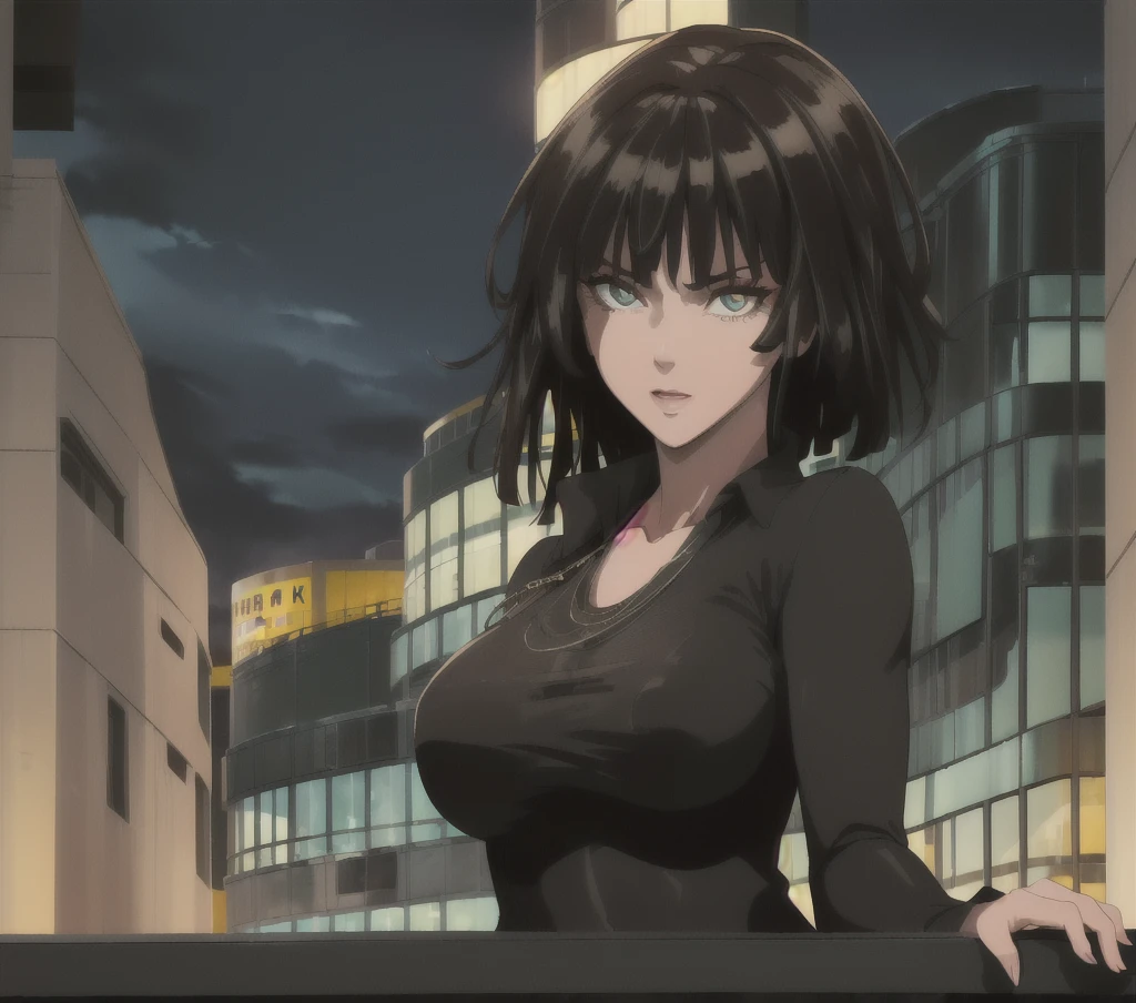 ((best quality, 8K, masterpiece :1.3)), whole body, Clear focus :1.2, Beautiful woman with perfect body :1.4, Slim abdominal muscles :1.2, ((Dark brown hair, Large Breasts :1.2)), Vest Dress :1.1, (City night scene, Modern balcony :1.1), Highly detailed face and skin textures, Delicate eyes, Double eyelids