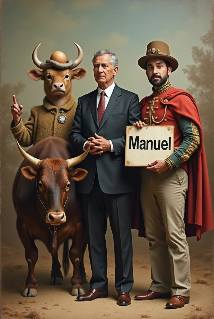José de San Martin with an egg and a snake on his head next to a bull as honorary president and a man with a sign that says Manuel 
