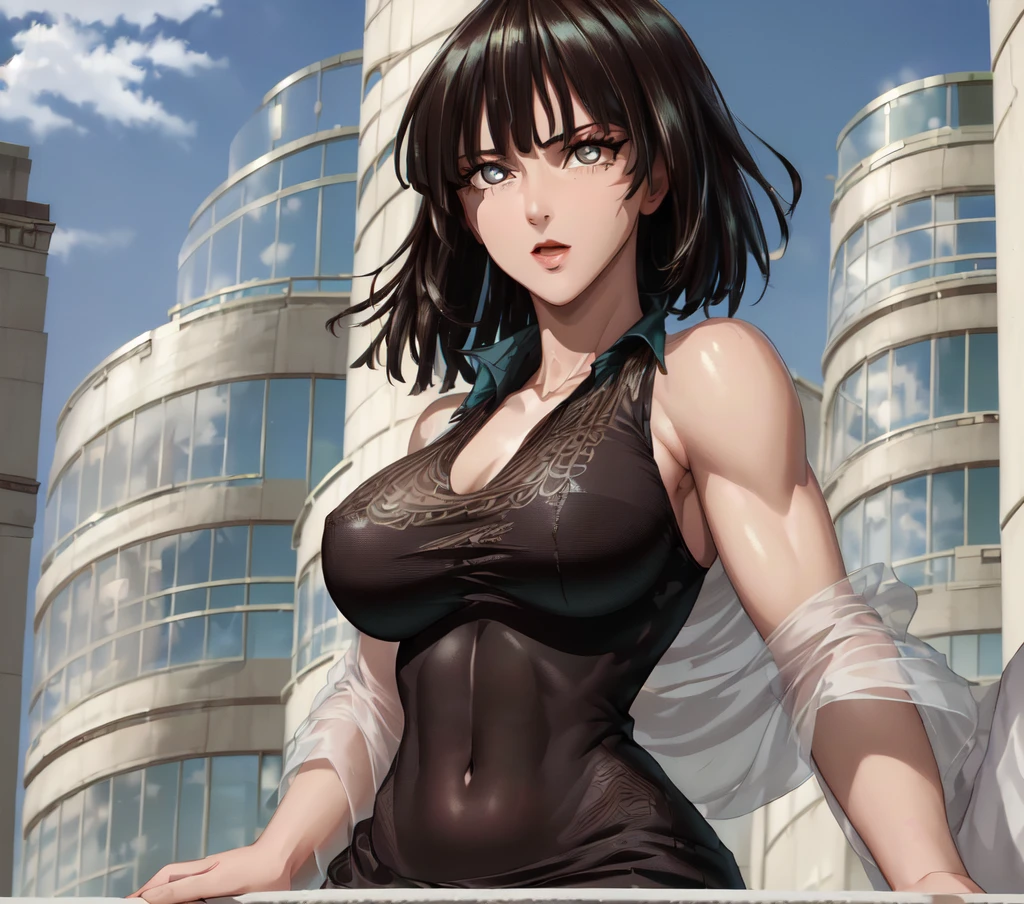 ((best quality, 8K, masterpiece :1.3)), whole body, Clear focus :1.2, Beautiful woman with perfect body :1.4, Slim abdominal muscles :1.2, ((Dark brown hair, Large Breasts :1.2)), Vest Dress :1.1, (City night scene, Modern balcony :1.1), Highly detailed face and skin textures, Delicate eyes, Double eyelids