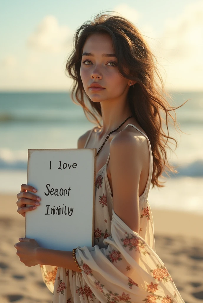 Beautiful girl with wavy long hair, bohemian dress, holding a white board with text "I Love Seaart Infinity" and showing it to the viewer