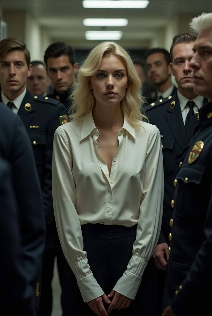 I didn't know what I was facing, But what she saw left her speechless.: There were three guards in dark clothes., It looked like metal or something similar. They looked very uncomfortable., In the middle there was a young man a little shorter than them. Her hair was blonde and she wore very elegant clothes., a very well buttoned white shirt, and some pants of another style.