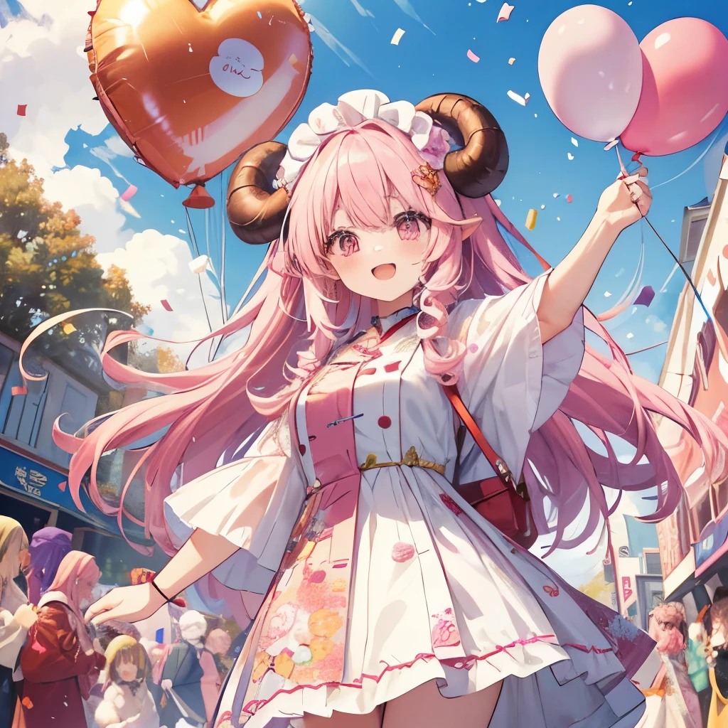 An anime-style illustration of ‘Fua-chan’ celebrating a special occasion. Fua-chan has distinctive features: long pink hair styled in soft curls resembling sheep’s horns, and pink eyes. She is depicted with a joyful and excited expression, holding a party popper or a gift. She is wearing festive attire, such as a party dress or a cute outfit suitable for the celebration. The background shows a lively setting with decorations like balloons, streamers, and confetti, creating a cheerful and festive atmosphere as she joins in the celebration.