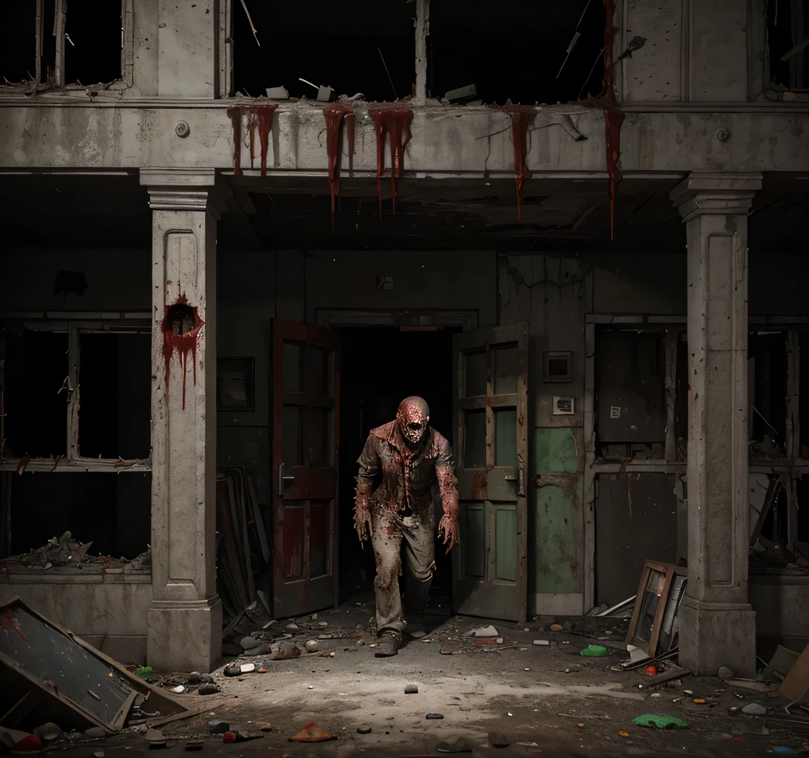 A highly realistic and 3D-rendered image of the interior of a building infested with zombies, capturing an utterly gore-filled, haunting, dark, and terrifying atmosphere. The image should be somber and extremely frightening, featuring gore and slasher elements with copious amounts of dripping blood. The scene must incorporate eerie and horrifying characteristics, with vibrant and striking colors in vivid and sharp tones. Shadows in the background should hint at total horror and chaos. The focus should be on numerous rotten zombies devouring the building's inhabitants, showcasing an obscured and terrifying environment with penetrating, hollow eyes. Additionally, imagine a large, terrifying zombie face with skin completely torn and shredded, in an advanced state of decay. The zombie should have large, threatening white eyes with red accents, set against a dark, apocalyptic, and macabre background. This image needs to be extremely realistic and rendered in 3D.