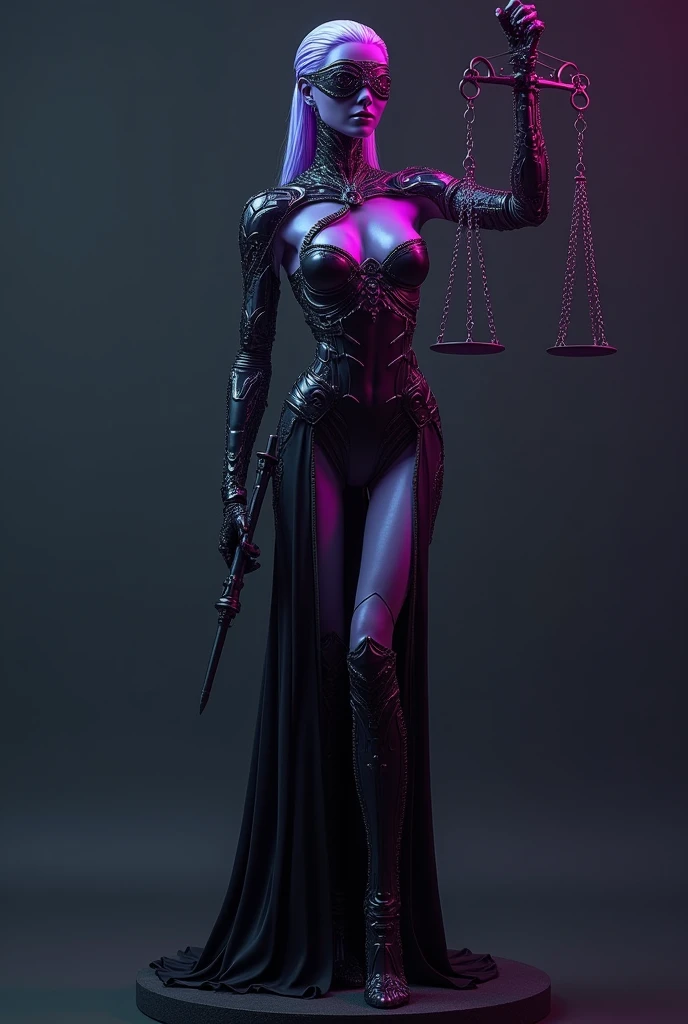 Full body portrait of Lady Justice but as seductive cyborg, slender body but athletic, long legs, ideal female body proportions lifelike synthetic skin with glossy peach-colored reflexions, intricate psionic apparatus connecting to her temple emitting a neon purple aura, her deep cowl dress is shimmering black, sexy modeling pose, she is blindfolded and holding a scale, inspired by the sister Repentia from warhammer 40k universe, in the style of H.R. Giger, 8k, UHD, studio lighting, rule of third composition