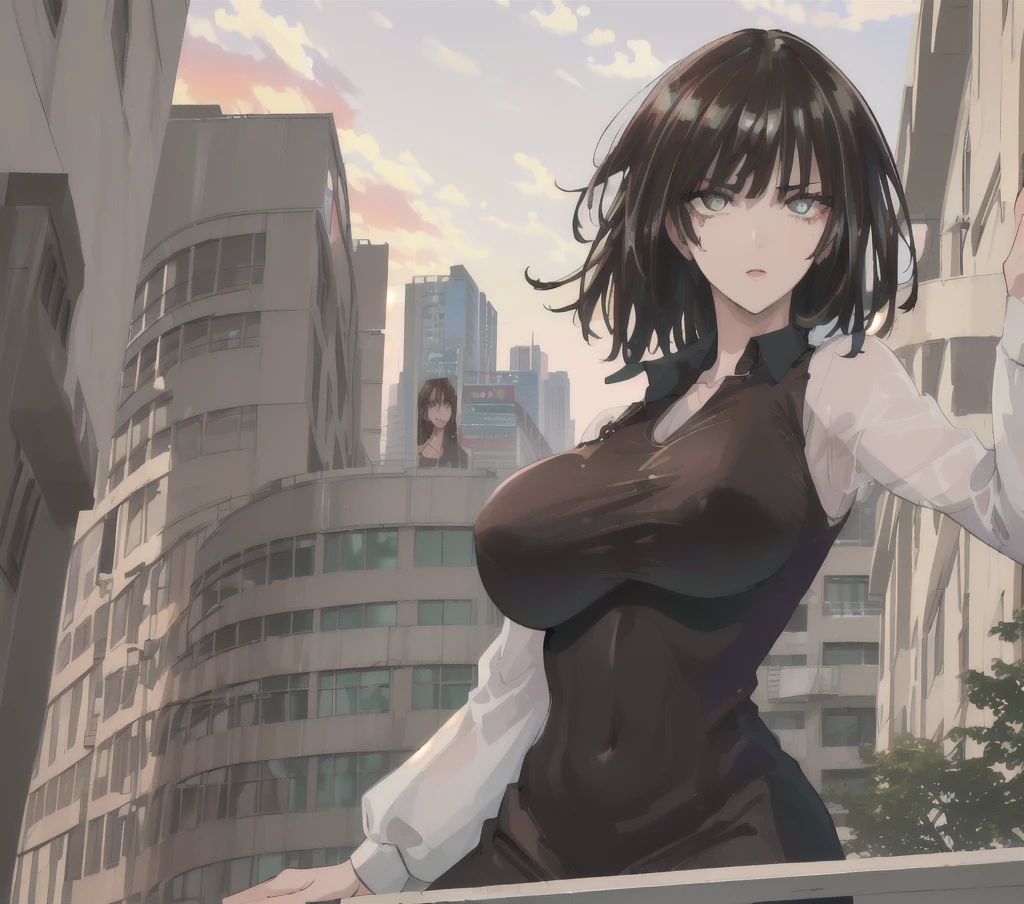 ((best quality, 8K, masterpiece :1.3)), whole body, Clear focus :1.2, Beautiful woman with perfect body :1.4, Slim abdominal muscles :1.2, ((Dark brown hair, Large Breasts :1.2)), Vest Dress :1.1, (City night scene, Modern balcony :1.1), Highly detailed face and skin textures, Delicate eyes, Double eyelids