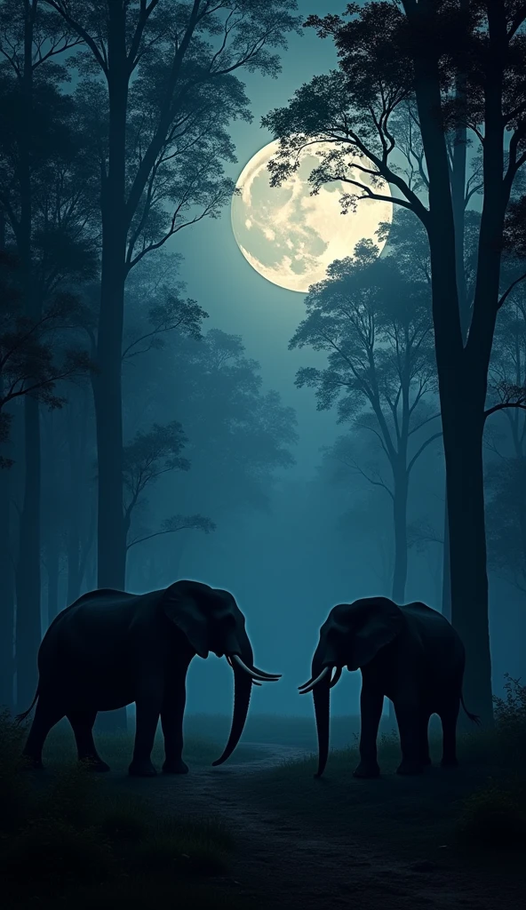"In the stillness of a moonlit night, deep within a dense forest, the distant and haunting cries of elephants pierce the silence. The majestic creatures, silhouetted against the dim glow, roam restlessly among the ancient trees, their sorrowful calls echoing through the darkened woods. The forest itself seems to weep with them, its shadows deepening as if sharing in their anguish. What is it that troubles these grand beings, and what stories of grief or loss do their cries tell?"