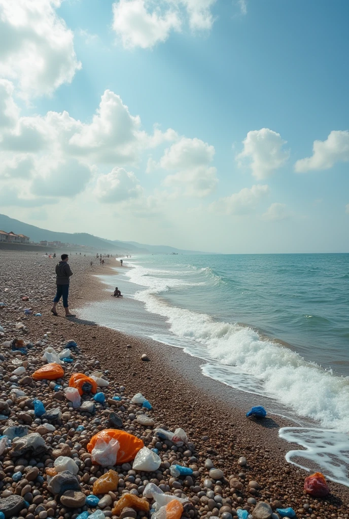 A beach full of people throwing waste into the sea
