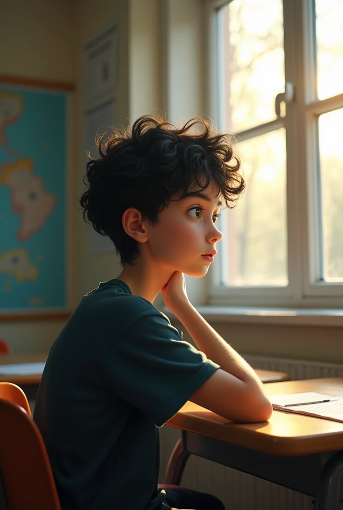 make a picture of a age white boy with wavy black hair , Sitting in a classroom. He is sitting near a large window looking outside apparently bored., through which sunlight enters, creating a soft glow on your face. The boy stares out of the window, with a calm look The reflection of the sunlight in the window illuminates her face and highlights the texture of her slightly curly hair. The image is simple, just containing him with his chair and school desk organized and some walls decorated with schoolwork and maps. The scene conveys a moment of calm and introspection., with the sunlight adding a touch of serenity and calm to the moment.