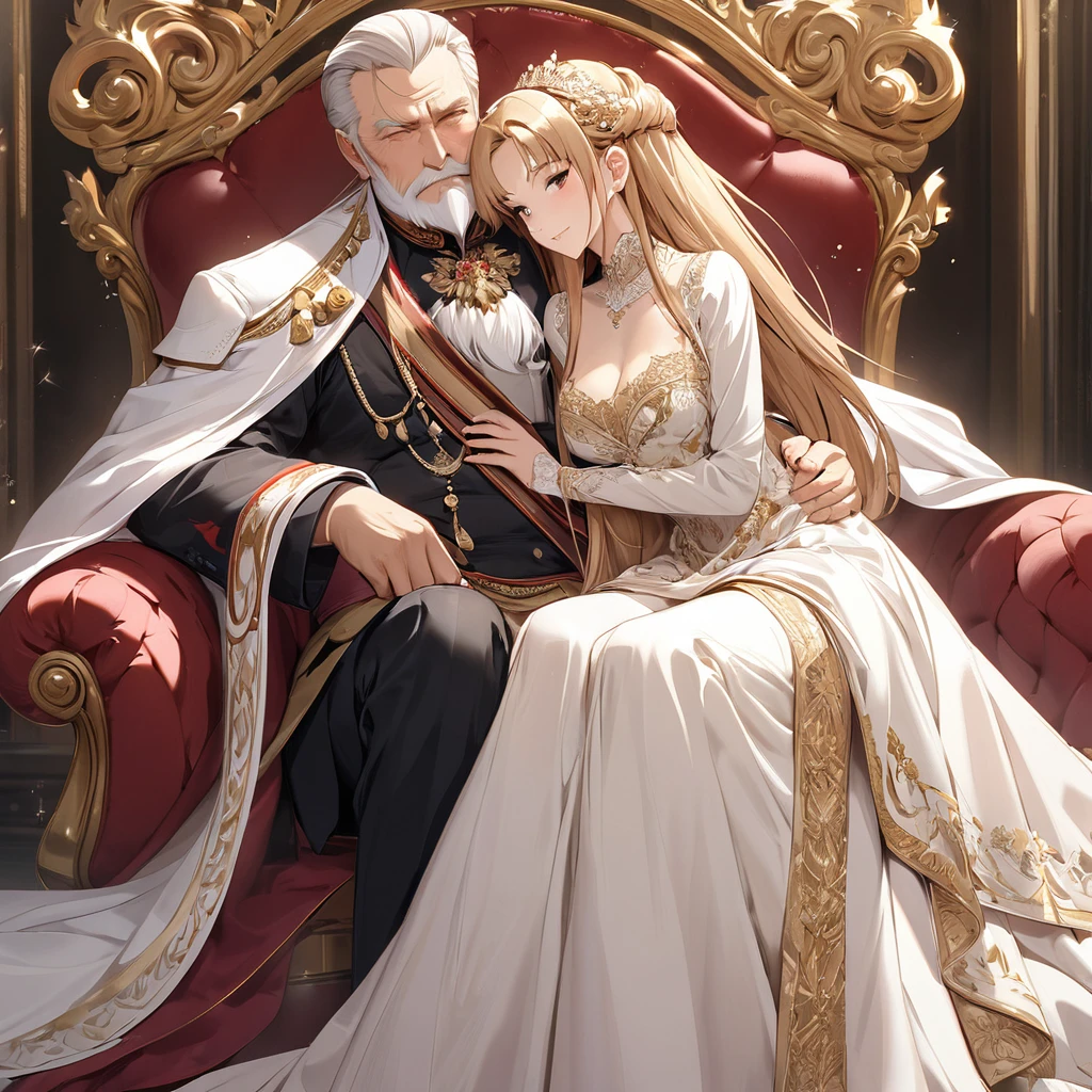((Highest quality)), ((masterpiece)), (detailed), (Perfect Face)、The woman is Yuuki Asuna, a Russian with light brown, medium-long hair, an elegant, graceful and beautiful Russian noblewoman, and the Empress of the Great Russian Empire.、The woman is beautifully dressed in the gorgeous and glittering gold-colored Russian court dress of an ancient Russian empress, with gorgeous accessories, and a beautiful and luxurious kokoshnik.、The woman is standing next to a great and imposing old Russian emperor with a beard.、The woman sits cozy with the great Russian emperor on a luxurious sofa in the palace.、A woman is hugging and kissing the great old Russian emperor on a luxurious sofa in the palace, sitting happily close to him. The loving elderly emperor and his young and beautiful empress couple