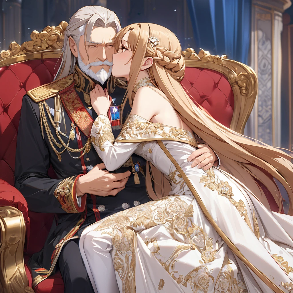 ((Highest quality)), ((masterpiece)), (detailed), (Perfect Face)、The woman is Yuuki Asuna, a Russian with light brown, medium-long hair, an elegant, graceful and beautiful Russian noblewoman, and the Empress of the Great Russian Empire.、The woman is beautifully dressed in the gorgeous and glittering gold-colored Russian court dress of an ancient Russian empress, with gorgeous accessories, and a beautiful and luxurious kokoshnik.、The woman is standing next to a great and imposing old Russian emperor with a beard.、The woman sits cozy with the great Russian emperor on a luxurious sofa in the palace.、A woman is hugging and kissing the great old Russian emperor on a luxurious sofa in the palace, sitting happily close to him. The loving elderly emperor and his young and beautiful empress couple