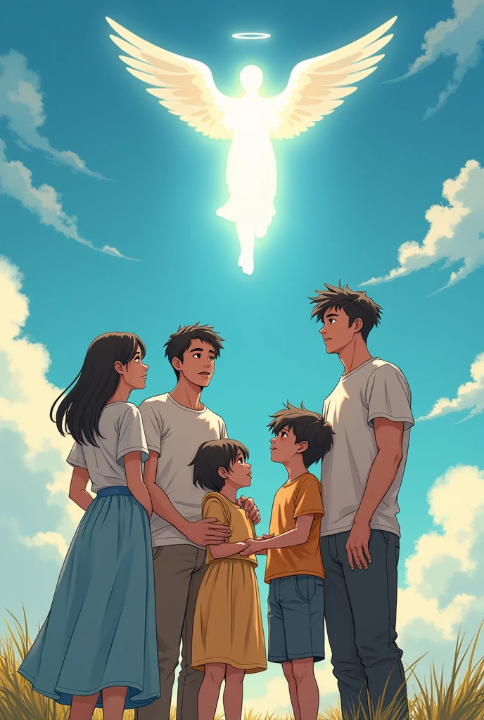 A picture with the letters "the Umanzor family" with a lady, A 15 year old young man, A girl with her husband and her 9-year-old son, another chubby girl with her husband and their chubby 10 year old daughter, a strong young man. Looking up at the sky and in the sky a man who became an angel